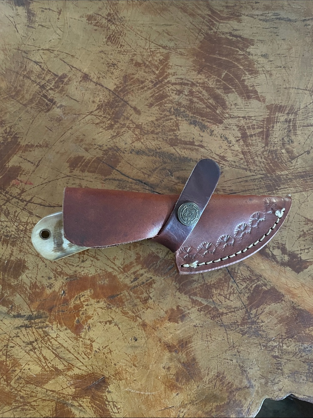 Knife plus Brown Leather Knife Sheath with Decorative Stitching